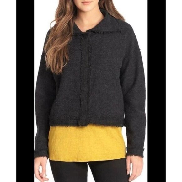 EILEEN FISHER Charcoal Felted Merino Wool Fringed Cardigan Jacket Size Medium - Picture 1 of 6